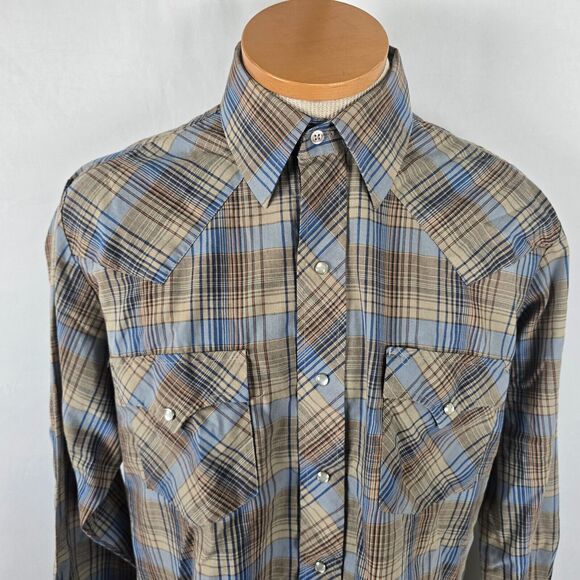 ATB Authentic Western Shirt Men 16 32/33 Brown Blue Plaid Snap Down - Picture 2 of 16